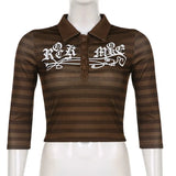 Goth Print Tops Stripe Cute Y2K T-Shirts Dark Academia Techwear Button Up V Neck Half Sleeve Sweat Shirts Grunge