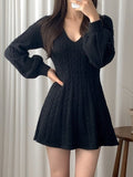Color Cute V-Neck Cable Knit Long Sleeve Mini