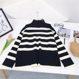 Autumn Winter Style French-o High-neck Striped Thick Loose Knit Sweater Jacket Women High Street Sweaters for