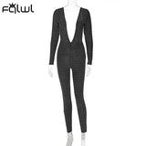 Winter Sparkling Black Bodycon Jumpsuits Women Sexy One Piece Club Outfits For Women Deep V Neck Long Sleeve