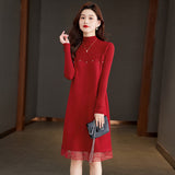 Collar Long-Sleeved Knitted Dress Women's Autumn And Winter Coat With Sweater 2024 Red Bottomed Medium-Length Dress-Outfit