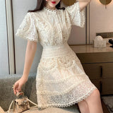 TWOTWINSTYLE Lace Panel Two Piece Set Women Round Neck Short Sleeve Tops High Waist Mini Skirts Solid Sets Female Summer