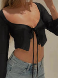 2023 Sexy Y2K Women Mesh Sheer T-shirts Exposed Navel Crop Tops Long Sleeve Square Neck Tie-Up See Through T-shirts-Outfit