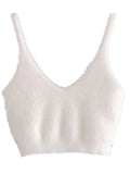 Set Shaggy Korea Style White Cardigan Furry Single-breasted Button Tank Top Knitted Sweater Jumper 1 Set-Outfit
