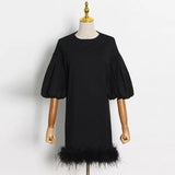 TWOTWINSTYLE Patchwork Feathers Hem Dress For Women Round Neck Short Sleeve Solid Minimalsit Summer Dresses Female Clothing