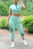 Out Asymmetrical Shape Two Piece Pant Sets Active Women Short Sleeve Bandage Crop Top and Drawstring Waist Workout