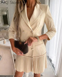 Women Solid Elegant Double Breasted Pleated Blazer