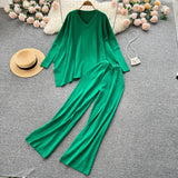 Winter Loose Irregular Knitted Two Pieces Suits V Neck Knitwear+Wide Leg Long Pant Women Streetwear Solid Sweater