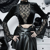 Autumn New Lace Horn Sleeve Blouse Dark Sexy Perspective Women's Slim Long Sleeves-Outfit