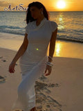 Pure Color O Neck Short Sleeves Draped Maxi Prom Dress Sexy Slim Summer Women Elegant Outfit Wedding Holiday Beach