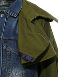 Women's Denim Windbreak Patchwork Contrast Color Stand Collar Loose Split Epaulet Jacket 2024 Summer New Fashion 1B093-Outfit