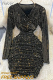 Sequins Glitter Bodycon Mini Dress Women Fashion Ruched Party Dress V-neck Long Sleeve High Waist Autumn Club Dress