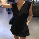 Short Playsuit V-neck Sleeveless Solid Backless Ladies Overalls Paysuits Large Size 3XL Loose Tunic Summer Casual