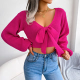 Autumer Winter Knit Elegant Sexy V Neck Chic Women Sweater Lantern Sleeve Pollover Short Bow Tie Korean Style Jumper