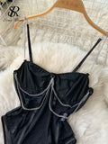 Women Strap Sexy Bodysuits 2023 Chain Design Transparent Palysuits Ladies Fashion Club Blackless Mesh