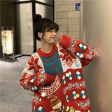 Autumn Sweet Knitted Tops Red Age Reduction Pullover Loose Lazy Contrasting Colors Winter Clothes Women Fashion