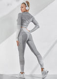 Outdoor Two Piece Set Women Long Sleeve Crop Top Sport Leggings Tracksuit Fitness Gym Suits For