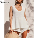 Summer Striped Beach Strap V Neck Two Piece Set Crop Top And Shorts Drawstring White 2 Piece Women Set Casual