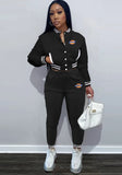 Casual Letter Print Long Sleeve Pocket Jacket And Pant 2 Piece