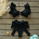 2025 New Solid Color Split Body Swimsuit Female Heavy Industry Pressure Line Lotus Edges Sexy Bikini