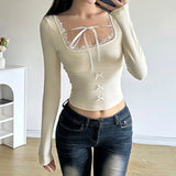 Desire For Sweet American Collar Lace Lace Splicing Tie Long-Sleeved T-Shirt Female Bow Knot Waist Thin Knitted Blouse-Outfit