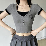 And Hot Wind Hit Color Fake Two Short-Sleeved T-Shirts Summer Butterfly Printed Wood Ear Slim Buckle All Match The Girl Of Clothes-Outfit