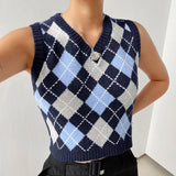 Brown Argyle Vintage Y2K Cropped Sweater Vest Autumn Sleeveless Knit Pullover Preppy Style Casual Plaid Knitwear