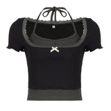 Bow Square Collar Waist Shows Thin Collision Color Two-Piece T-Shirt Sweet Girl Hanging Neck Short-Sleeved Blouse-Outfit