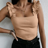 Tops Women Square Collar Solid Knit Casual Basic Summer Ribbed Slim Ruffles Tops