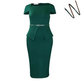Women's 2025 Short-Sleeved Square Collar Solid-Colored High-Waisted Lotus-Leaf-Side-Side OL Pencil Skirt African