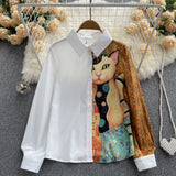 Women Print Spliced Long Blouse Casual Long Sleeve Button Loose 2022 Autumn Streetwear French Office Lady Fashion