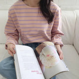 Spring And Autumn Wear Korean Version Of Striped T-Shirt Women's Long Sleeves Loose Leisure Lazy Wind Pure Cotton Student Shirt Trend-Outfit