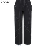 Gothic Black Wide Leg Jeans With Belt Women Dark Academic Denim Trousers Hip Hop Streetwear Grunge Fairycore Punk