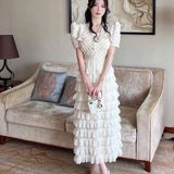 Temperament Elegant Summer 2 Pieces Set Single-Breasted Square Collar Puff Sleeve Blouses+Elastic Waist Ruffles Cake Skirt