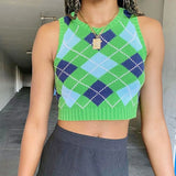 Y2K Sleeveless Autumn Sweater Pullover Casual Plaid Knitted 90s Knitted Crop Sweaters Casual Autumn Preppy