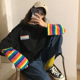 Sleeve Harajuku T-Shirt Women'S Stitching Long Sleeve T-Shirt Stripe Printing O-Neck Chic Tops 2022 Summer