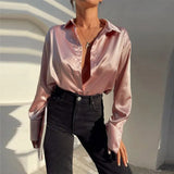 Satin Long Sleeve Blouses Women 2022 Vintage Blue Green Silk Shirt Women Casual Loose Button Up Female Shirts