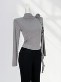 Toloer Cotton Advanced Sense Half High Collar Long Sleeve Slim Jacket Chic Beautiful Three-Dimensional Flower Decoration Shoulder T-Shirt