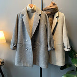 Button Up Wool Blend Coat gray Khaki Autumn Winter 2022 New Loose Cotton Tweed Pea