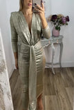 Women's Autumn And Winter Sexy V-Neck Dress Solid Hot Gold Tight-Body Ass