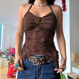 Women's Retro Print Irregularly Hanging Neck Vest Design Knitted Splicing Slingd