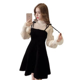 New Elegant Two Piece Dress for Women Women Winter Korean A-Line O-Neck Tops and Black Sundress Streetwear Dress