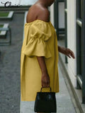 Celmia Cotton Sexy Off Shoulder Robes Solid Color Women Party Vestidos Pleats 2022 Summer Mini Dress Short Puff Sleeve
