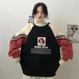 Turtleneck Hoodies Women Plus Velvet Warm Harajuku Printed Pullovers Tops Womens Oversize Patchwork Leisure Chic