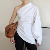 White Casual T Shirt For Women Skew Collar Long Sleeve One Off Shoulder Patchwork Irregular Hem T Shirts Female