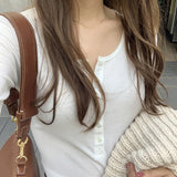 2023 New Korean Version Half-Open-Collar Careful Machine Blouse Threaded Solid Color Long-Sleeved T-Shirt-Outfit