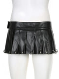 Gothic Solid Pu Leather A-Line Skirt Dark Casual Low-Waisted Super Mini Skirts Women 2023 Autumn Winter Streetwear Lady-Outfit