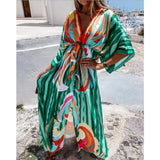 Vintage V Neck Printing Maxi Dress Women Casual Long Sleeve Button Elastic Waist Party Dress Boho Summer Beach Long