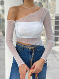 Color Sparkly Hollow Mesh Slant Shoulder Irregular Collar Sexy Women Crop Top-Outfit