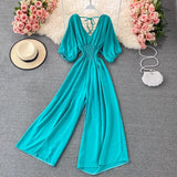Vintage Blue/Black/Yellow Romper Women Casual V-Neck Short Puff Sleeve High Elastic Waist Elegant Wide Leg Jumpsuits Female